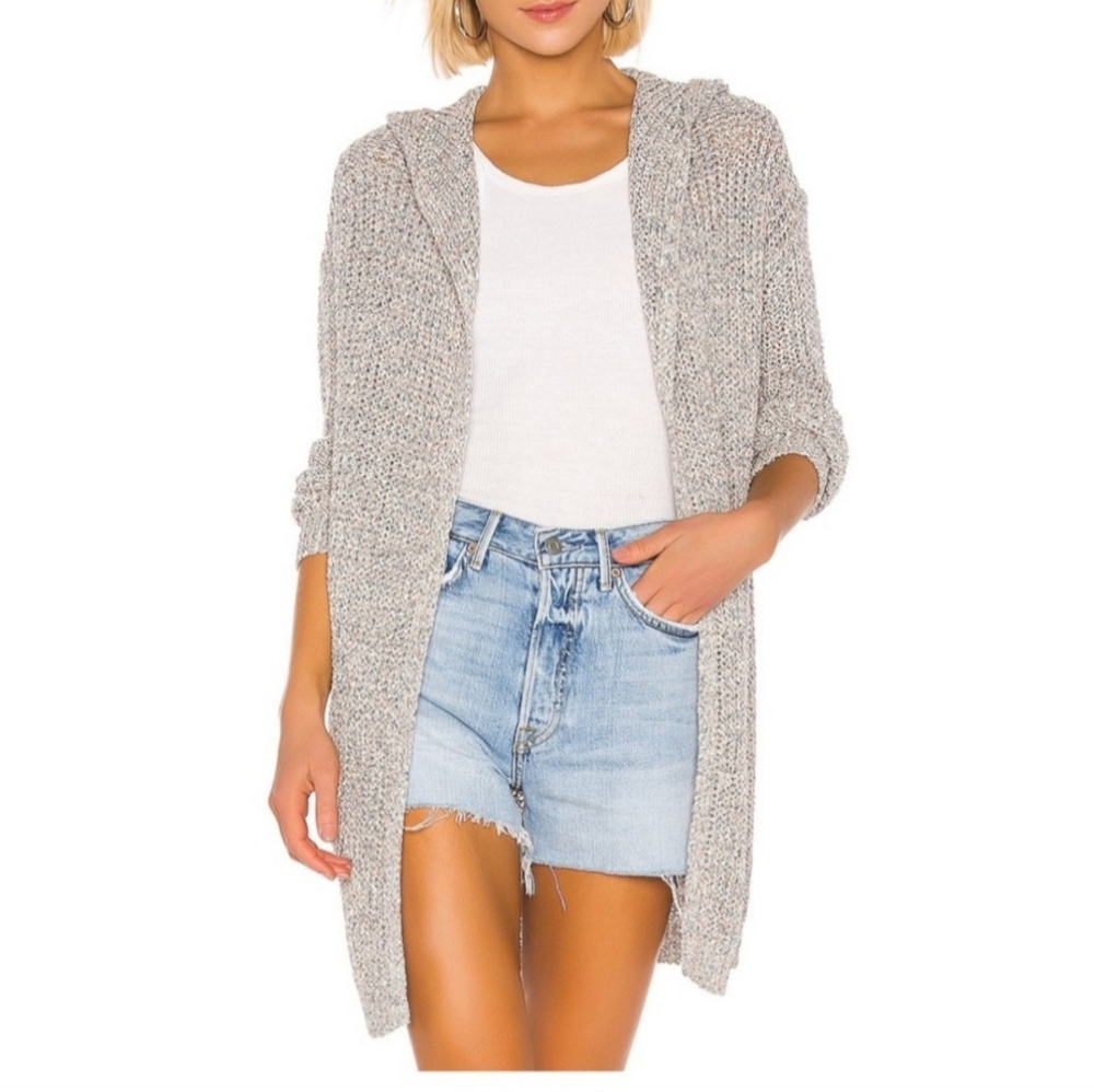 One grey day Paloma open front knit hooded cardigan in multi size Medium